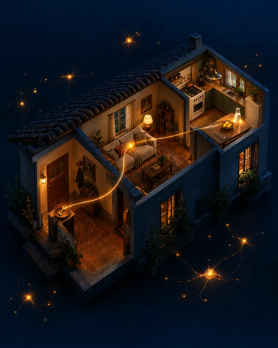 Maqueta en corte de una casa iluminada cuarto por cuarto, con hilos de luz ámbar que unen una llave en la entrada, el sofá de la sala y una botella de leche en la cocina
