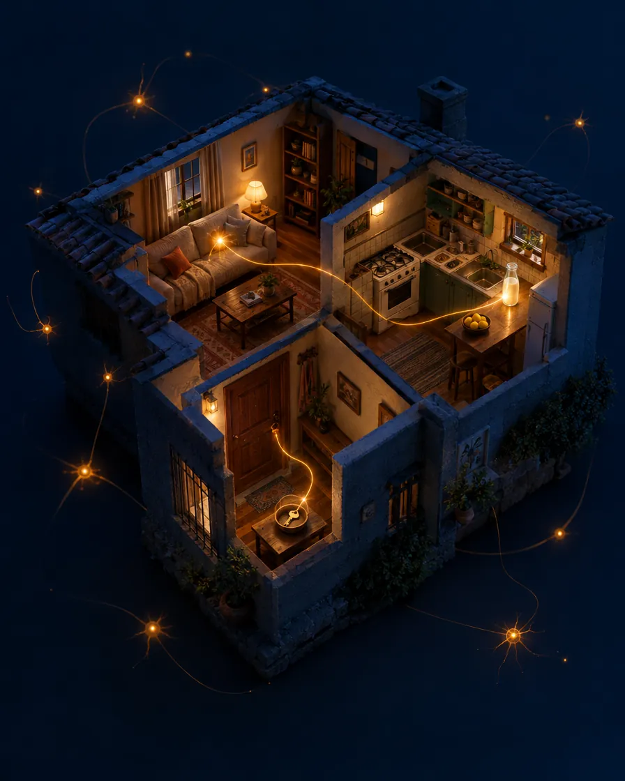 Maqueta en corte de una casa con tres puntos numerados: la puerta, la sala y la cocina