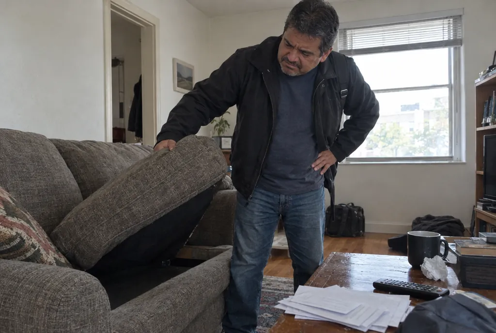 Un hombre levanta el cojín del sofá buscando algo
