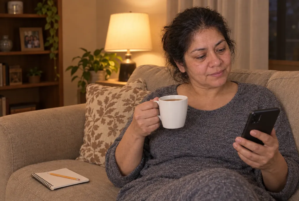 Una mujer toma té en el sofá mientras mira su celular, con un cuaderno y un lápiz al lado